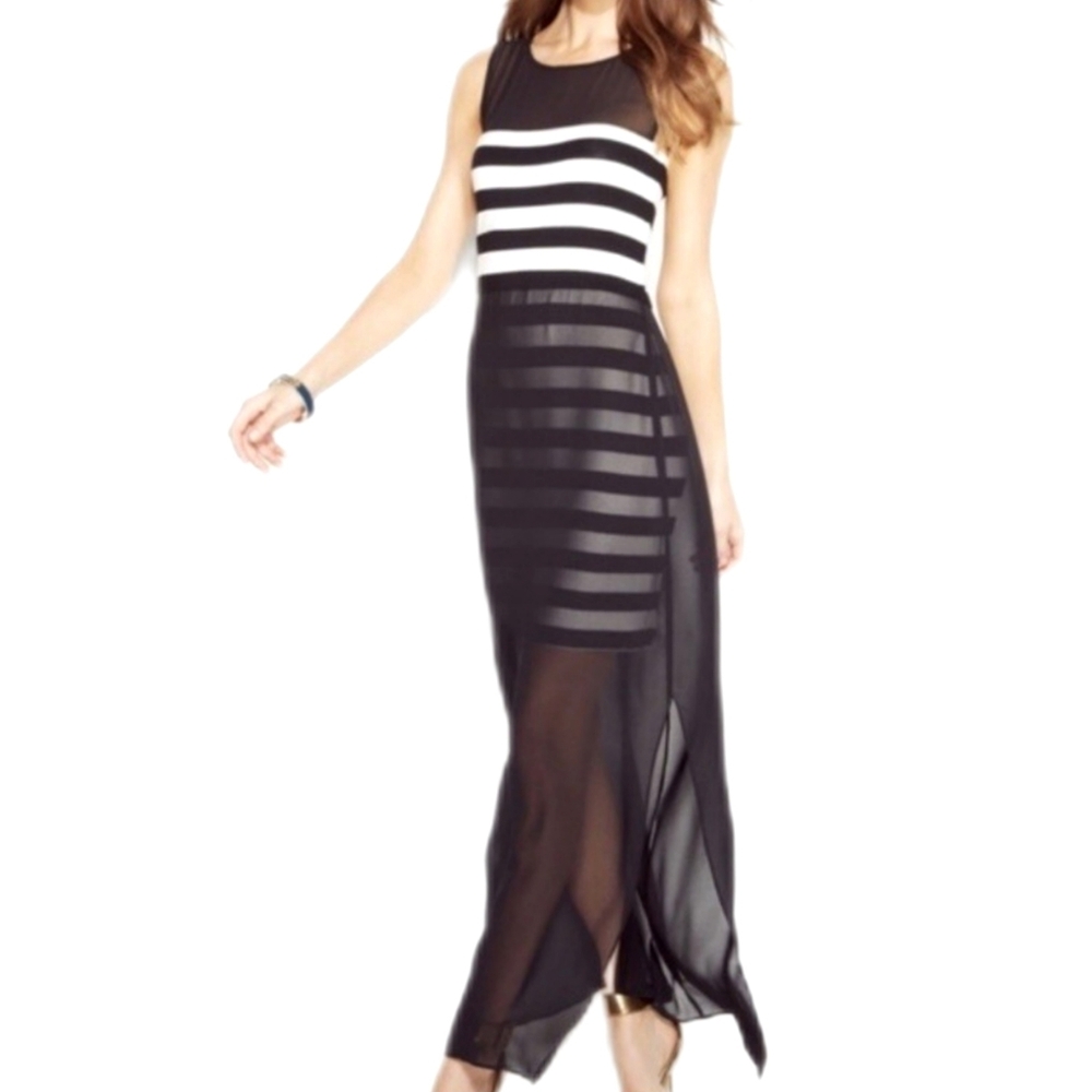 Vince Camuto Striped Chiffon Overlay Maxi Dress Women's Medium Black White Sheer